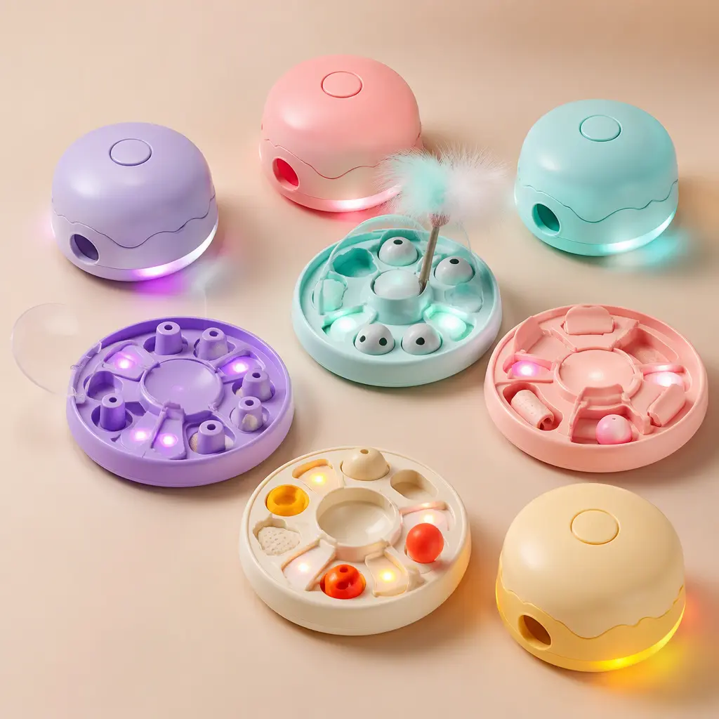 Several colorful interactive pet toys displayed open and closed in a studio arrangement