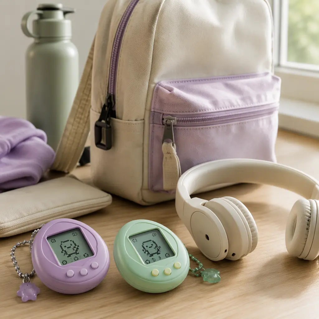 Portable virtual pet toys arranged beside travel items in natural light