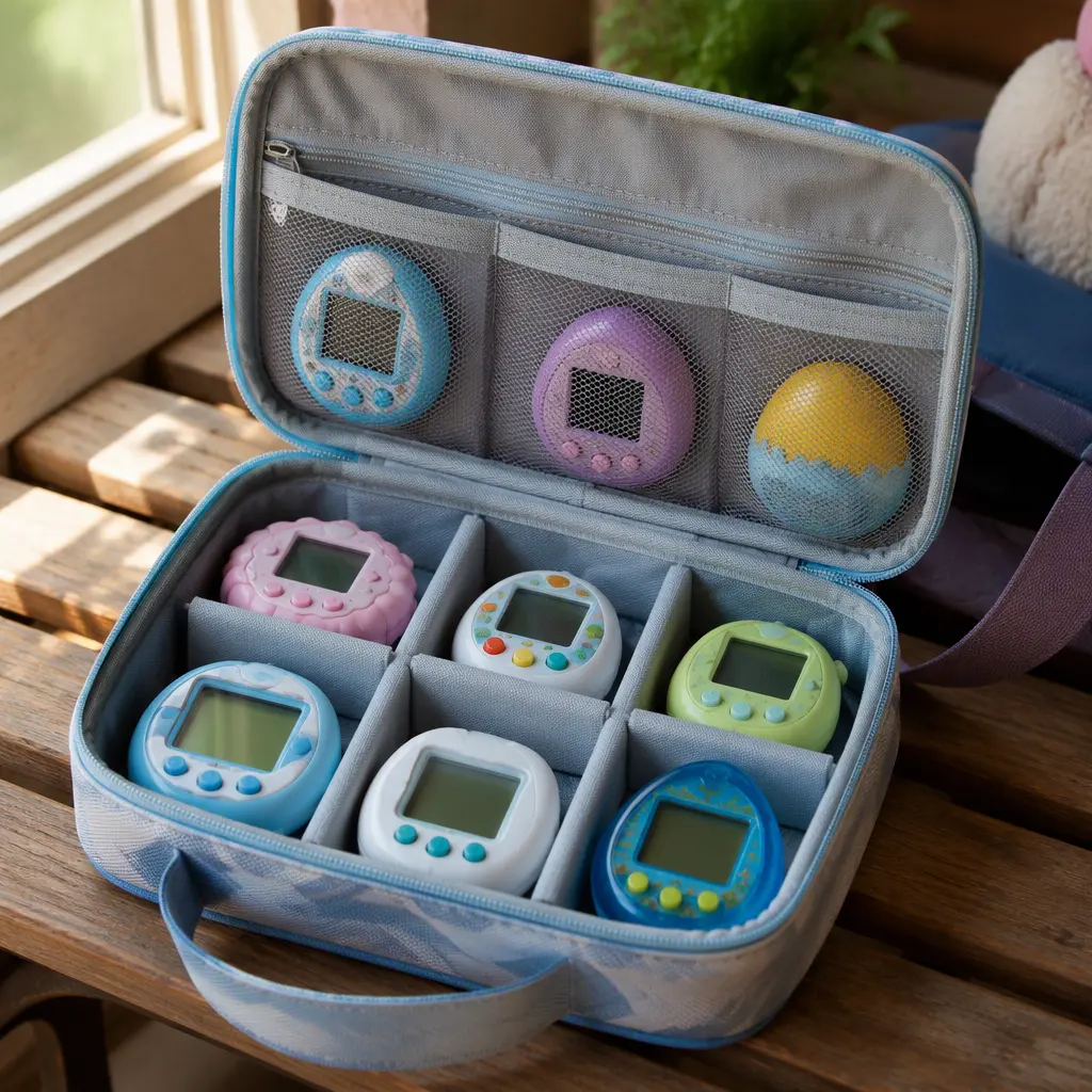 Virtual pet toys packed neatly inside a small travel organizer