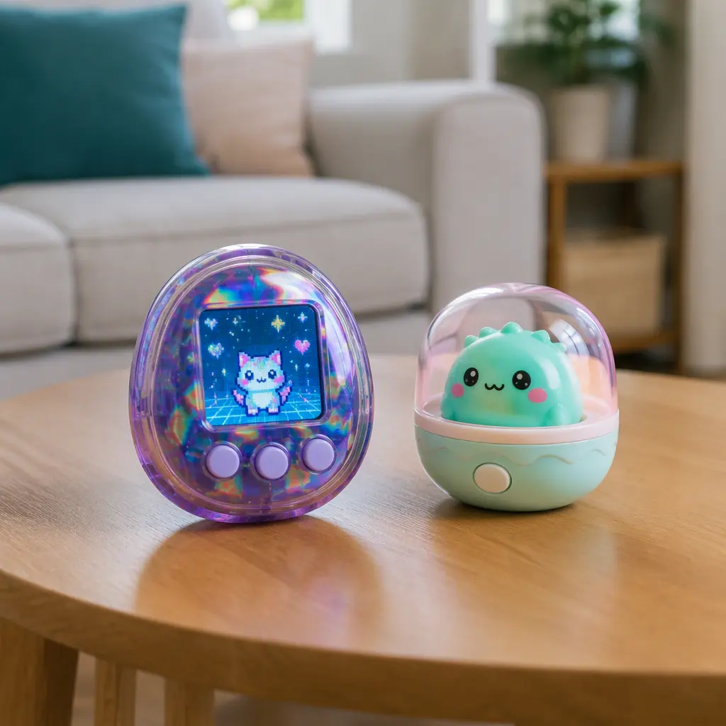 Two compact virtual pet toys displayed on a coffee table in soft natural light