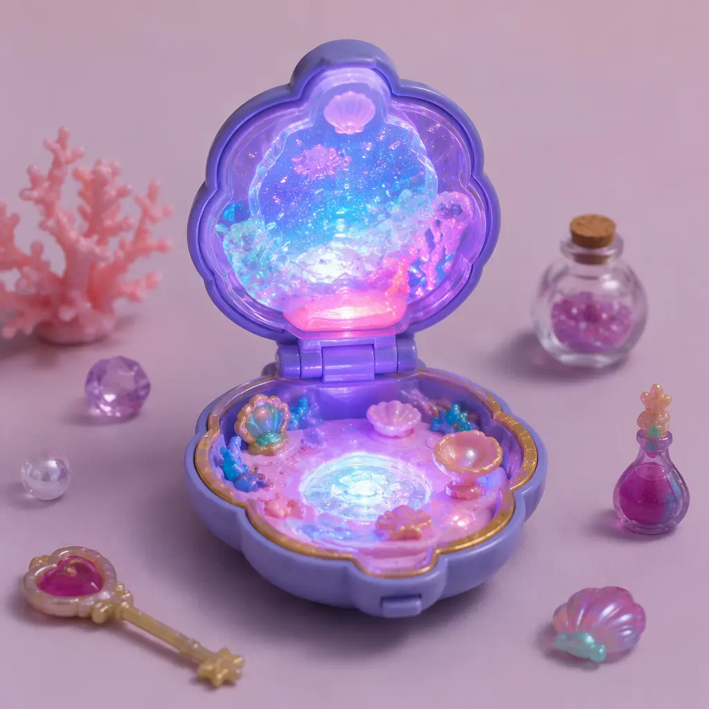 Interactive clamshell-style digital pet toy with glowing animated effects in a studio setting