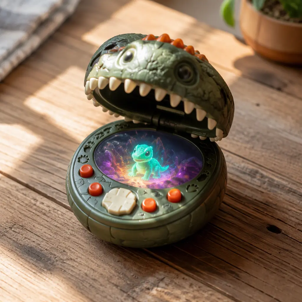 Interactive dinosaur-themed digital pet toy displayed open on a wooden tabletop