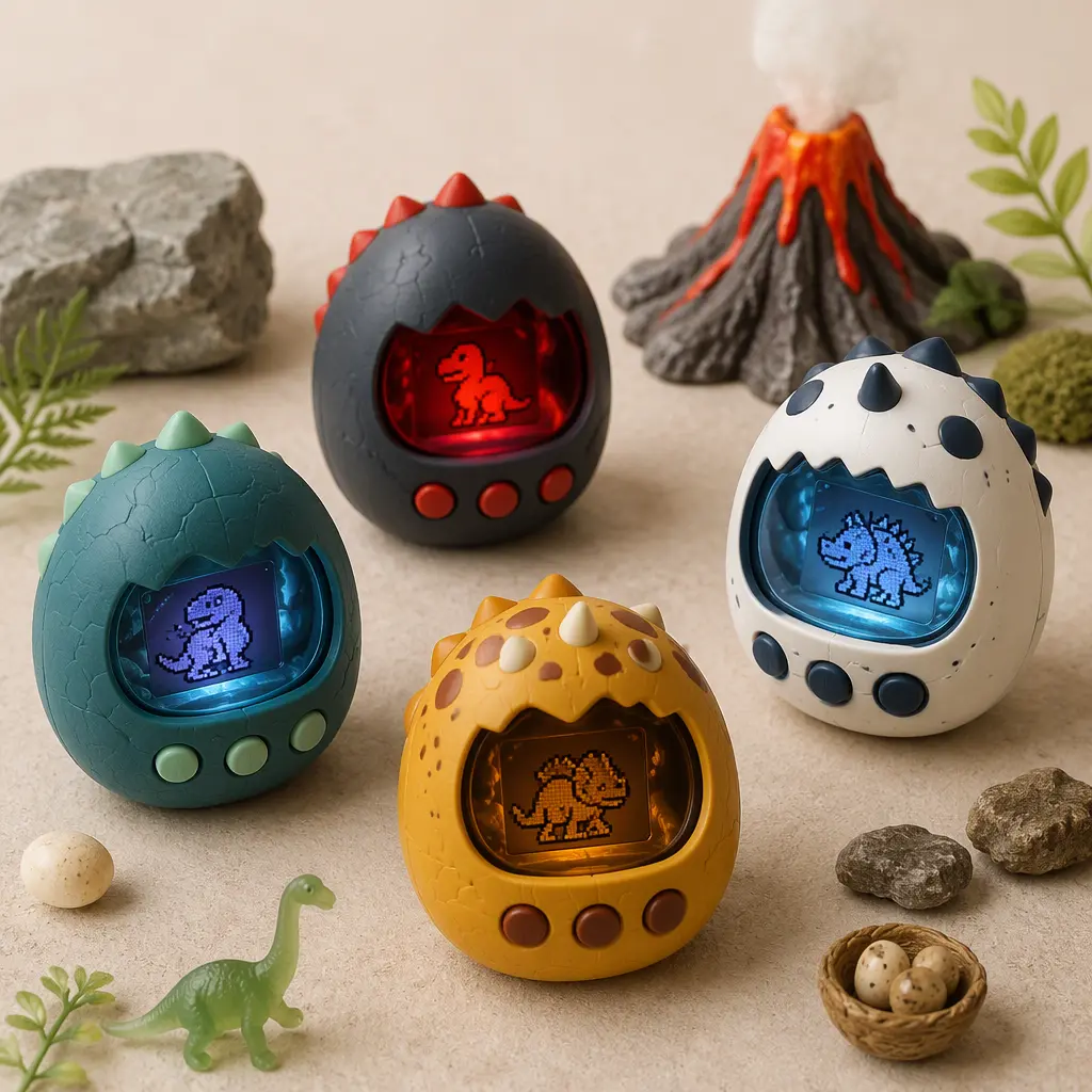 Several dinosaur-themed interactive pet toys displayed together in a studio setting