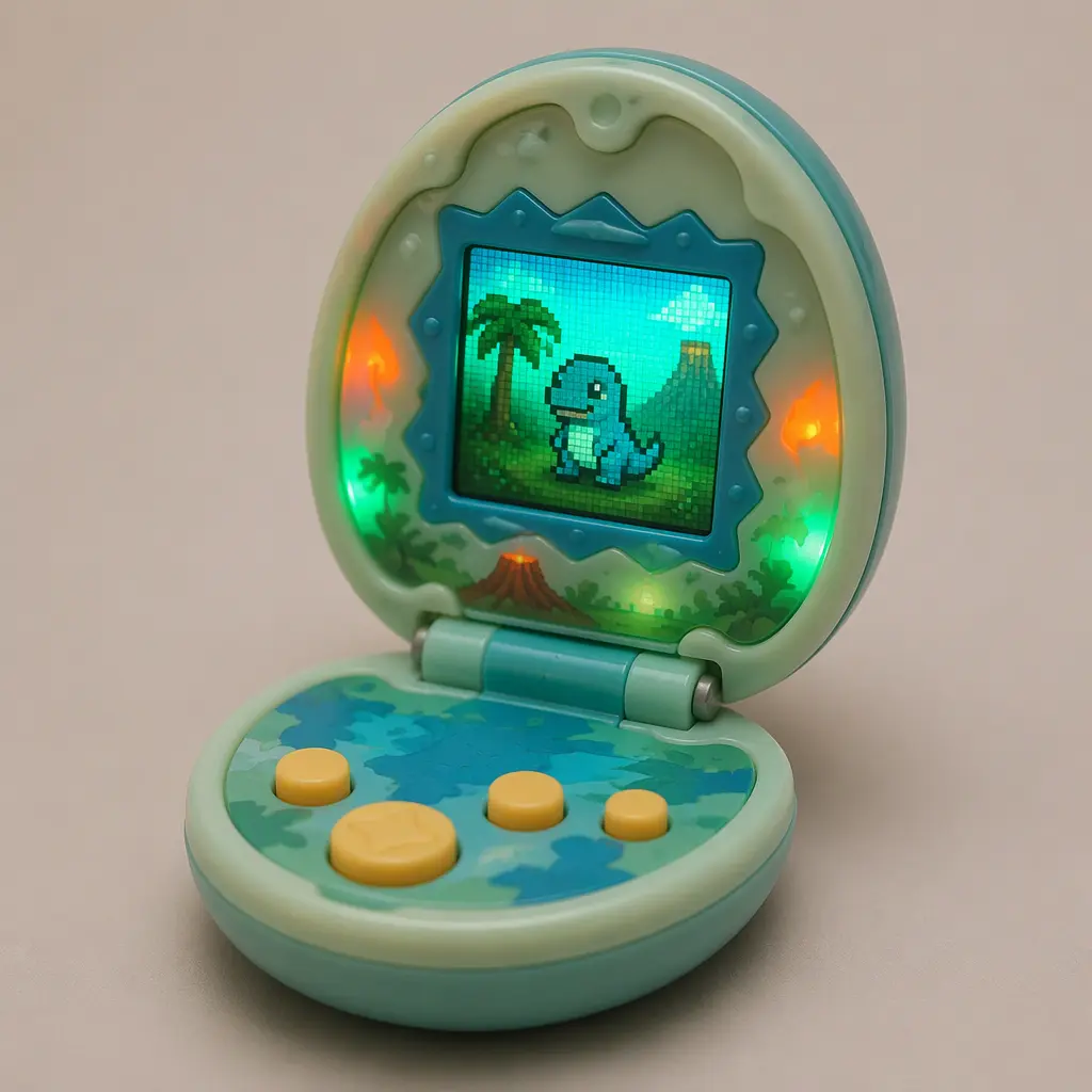 Compact electronic dinosaur pet toy opened on a studio surface with glowing animated creature effects