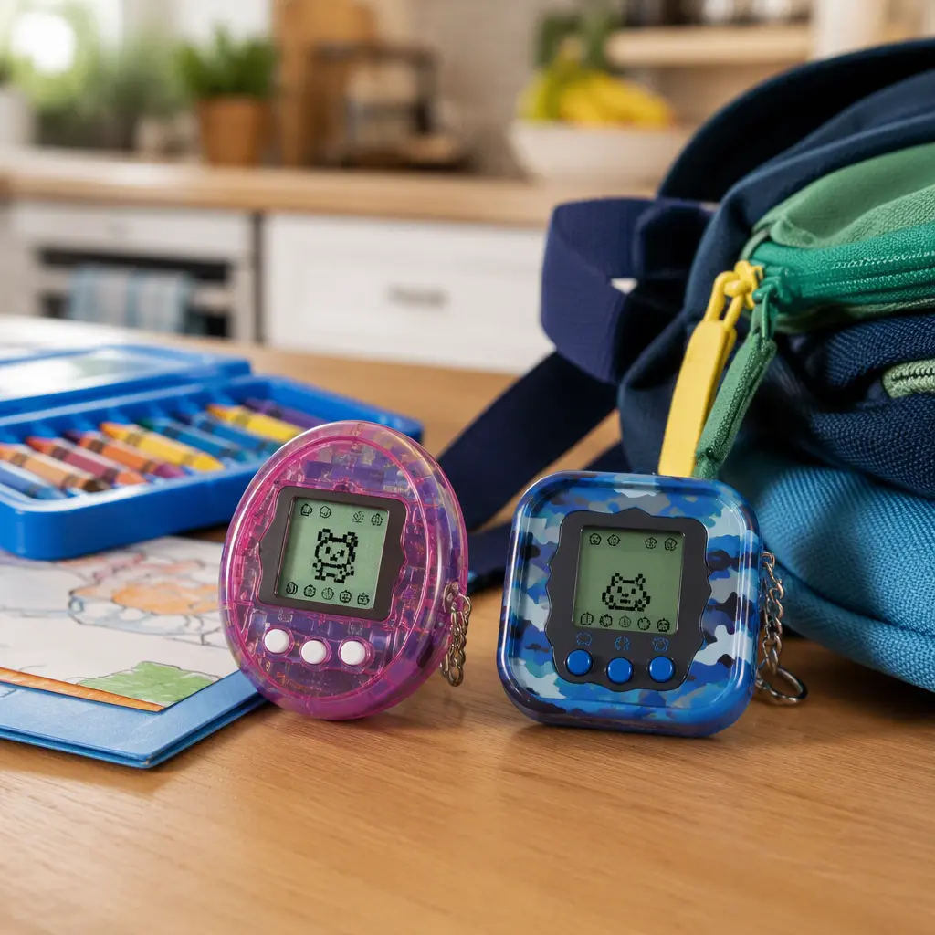 Handheld virtual pet toys placed beside travel items on a kitchen table.