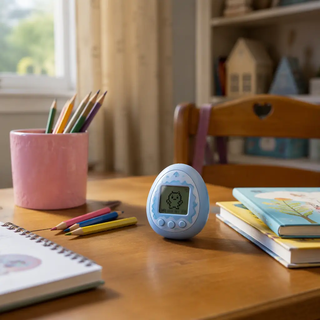 A compact virtual pet toy sitting on a child-sized desk beside art supplies.