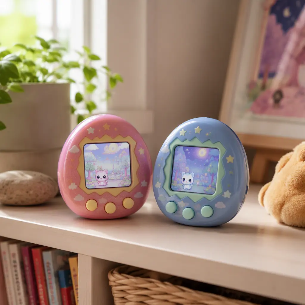 Two compact virtual pet style toys displayed on a bedroom shelf in soft natural light.
