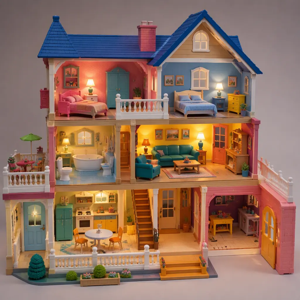 Interactive multi-room toy playhouse with glowing lights and pretend-play furniture