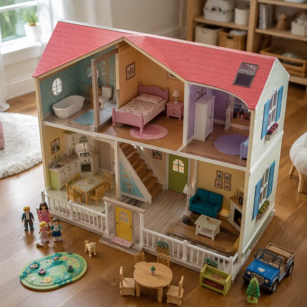 Top-down view of a colorful interactive toy playhouse in a bright playroom