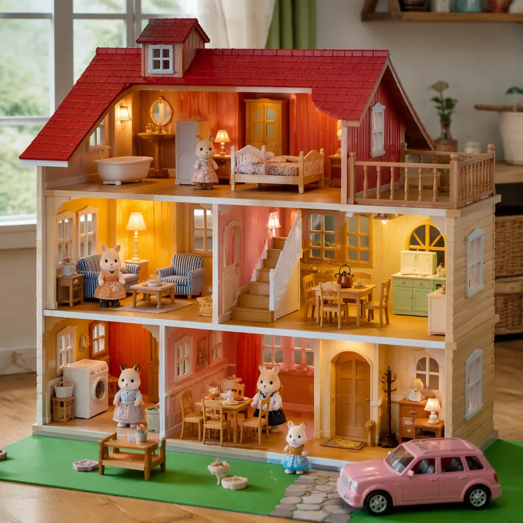 Large interactive family playhouse toy with lights, furniture and figures arranged in a cozy home setting