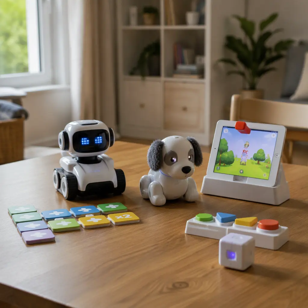 Selection of connected smart toys arranged on a table in natural light