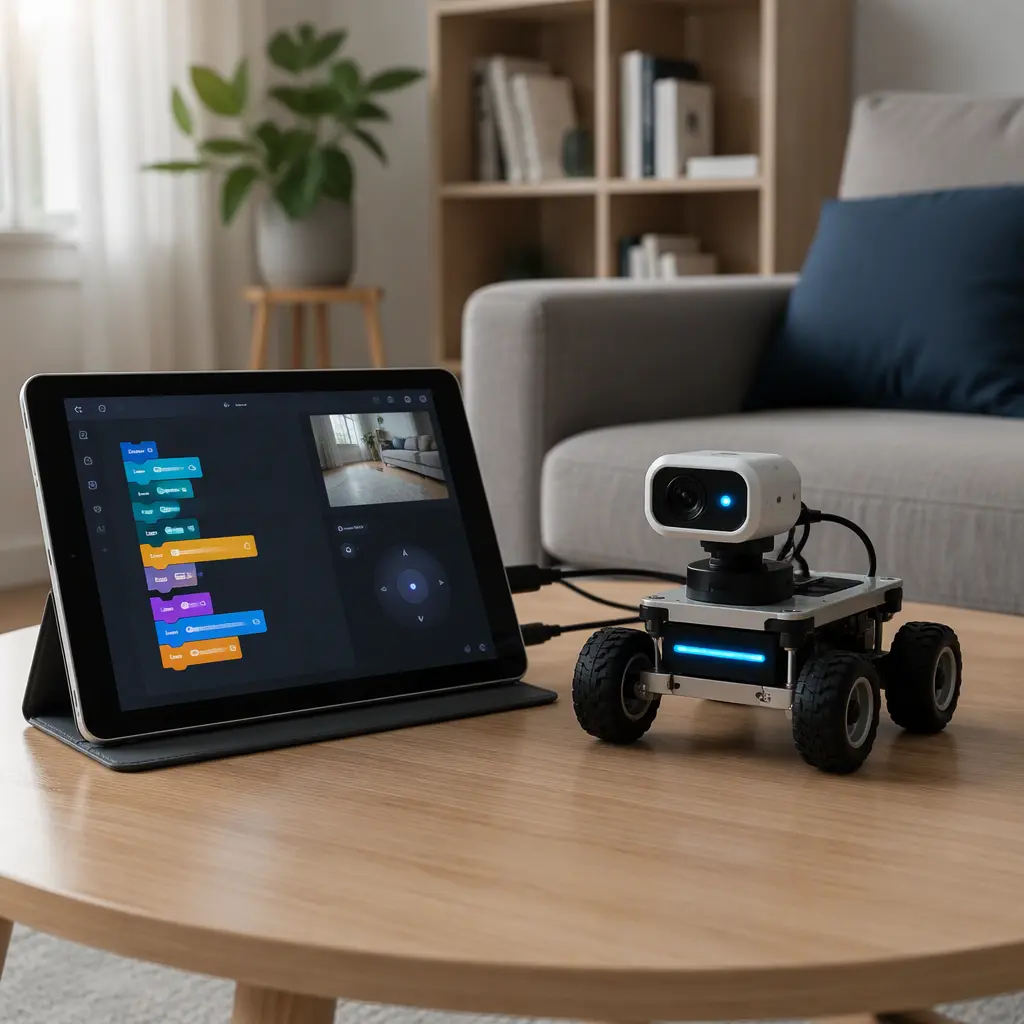 AI toy rover and tablet setup in a bright family living room
