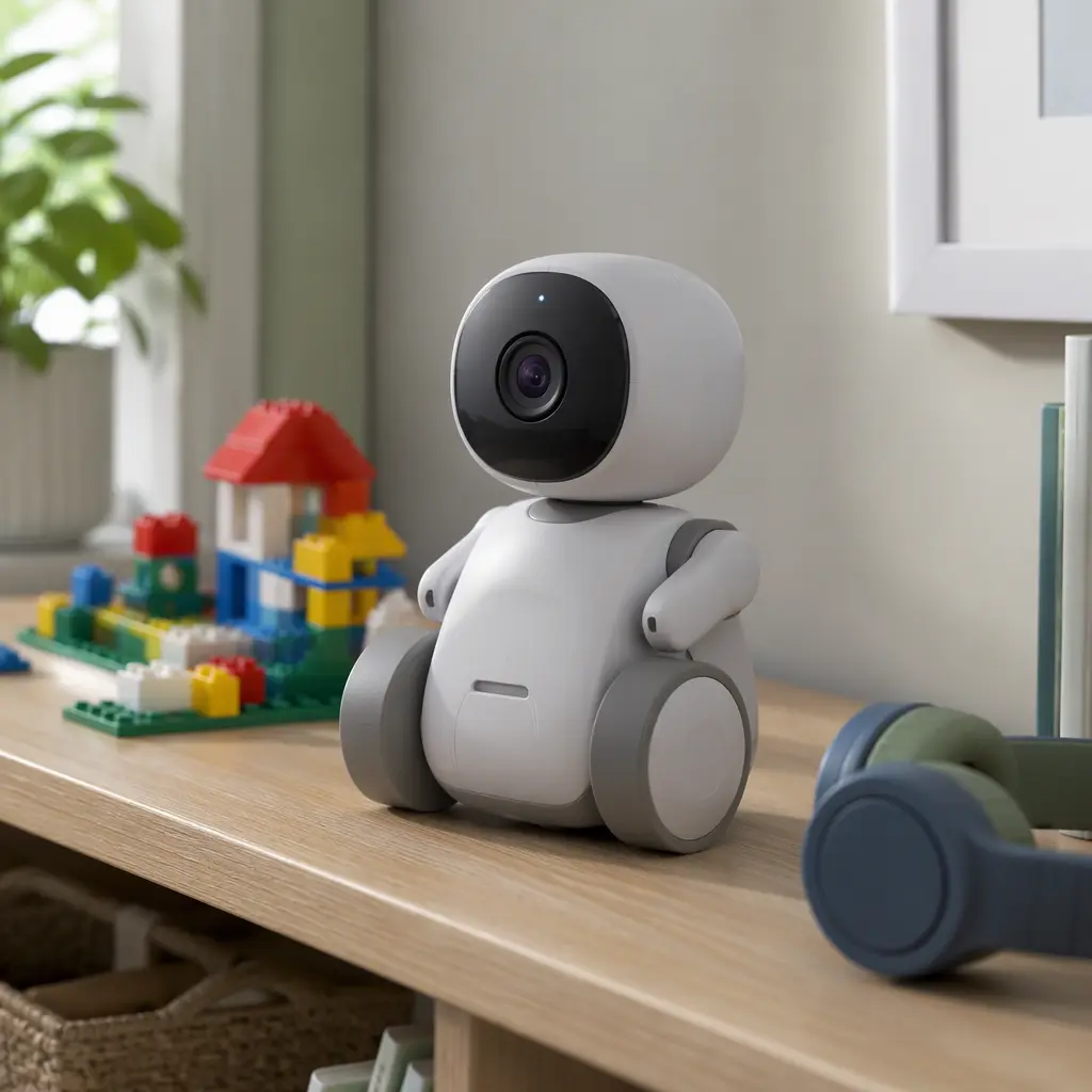 AI-connected toy robot with a built-in camera in a family living room