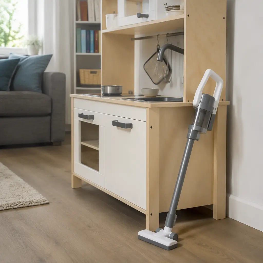 Toy stick vacuum beside a preschool play area in a family room
