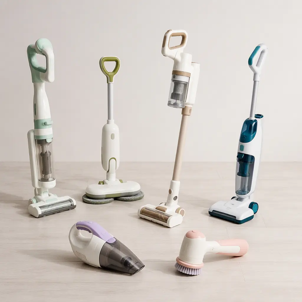 Different styles of child-sized toy cleaning tools arranged in a studio setting