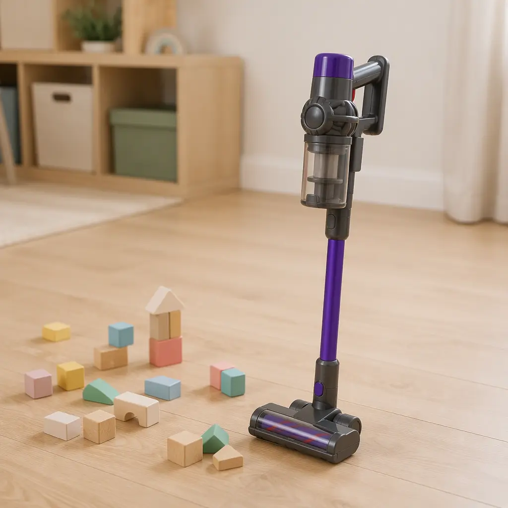 Child-sized cordless toy vacuum in a bright playroom setting beside scattered toys