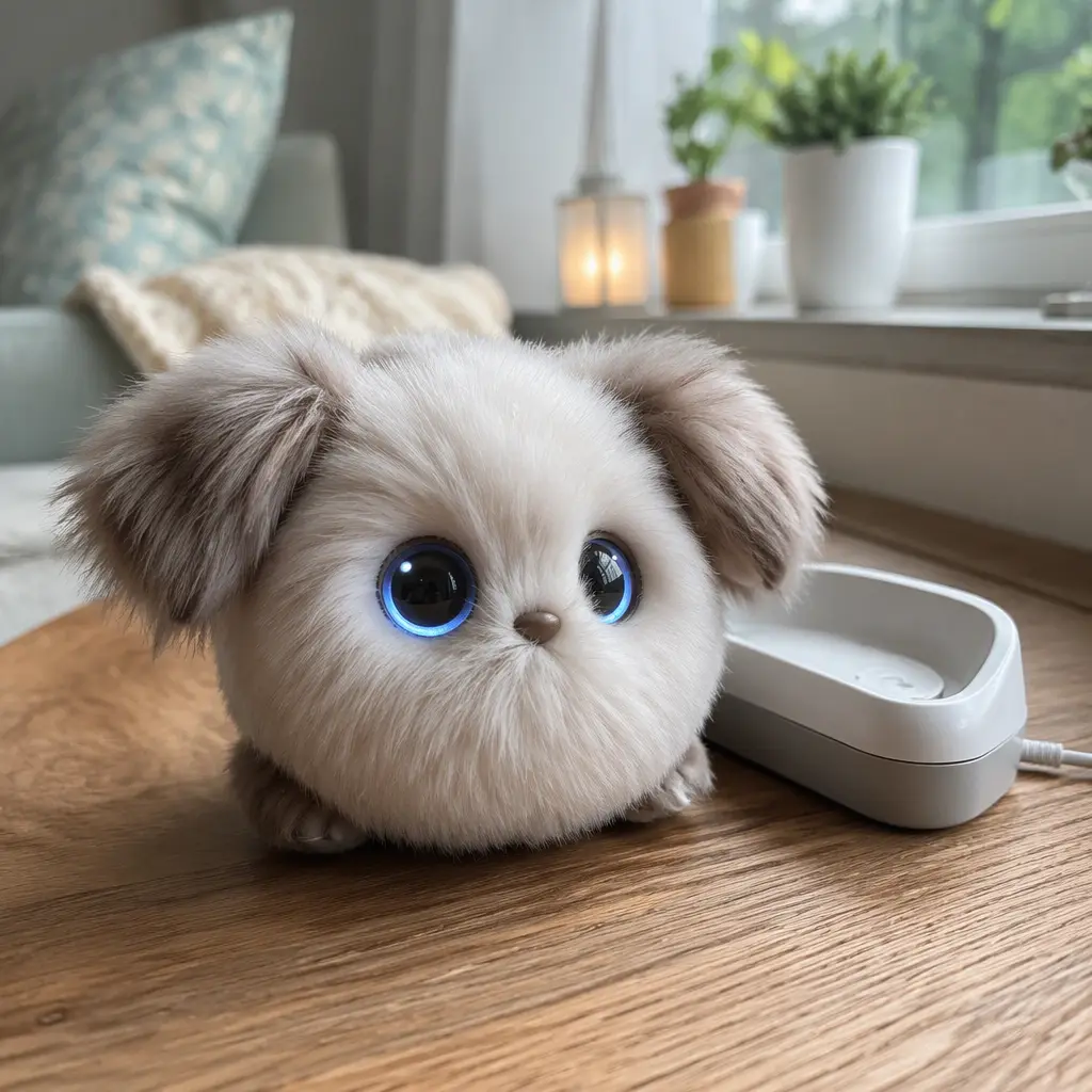 An AI plush companion resting beside its charging base in a home environment.