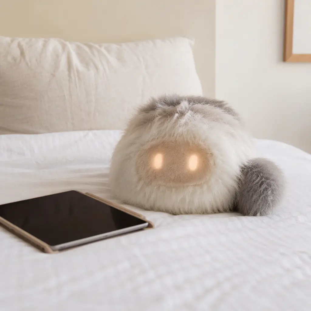 An AI plush companion placed in a quiet bedroom setting near a smart device.