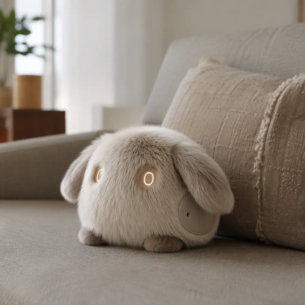 A fluffy AI-enabled plush companion displayed in a softly lit living room setting.