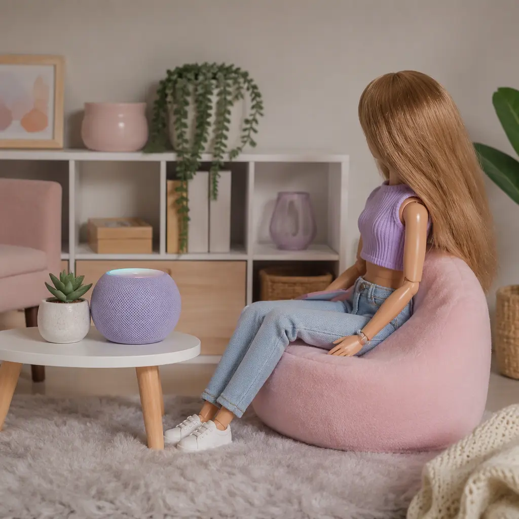 Generic fashion doll with smart toy accessories in a softly lit studio setting