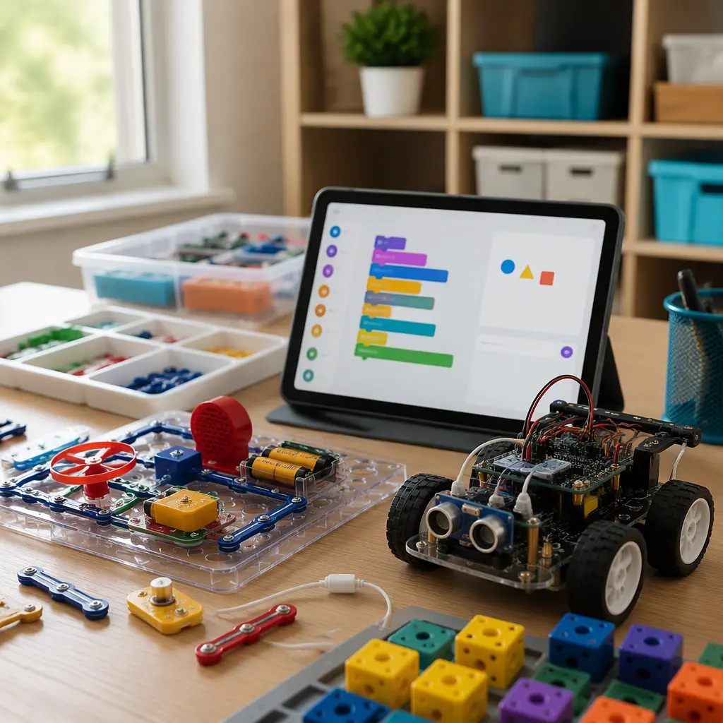 Robotics and electronics STEM kits set up for coding activities