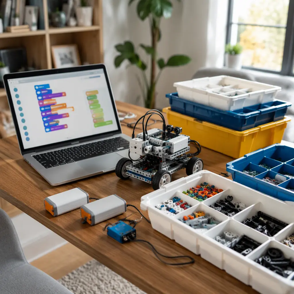 Modular coding robot and electronics kit organized in a home study area
