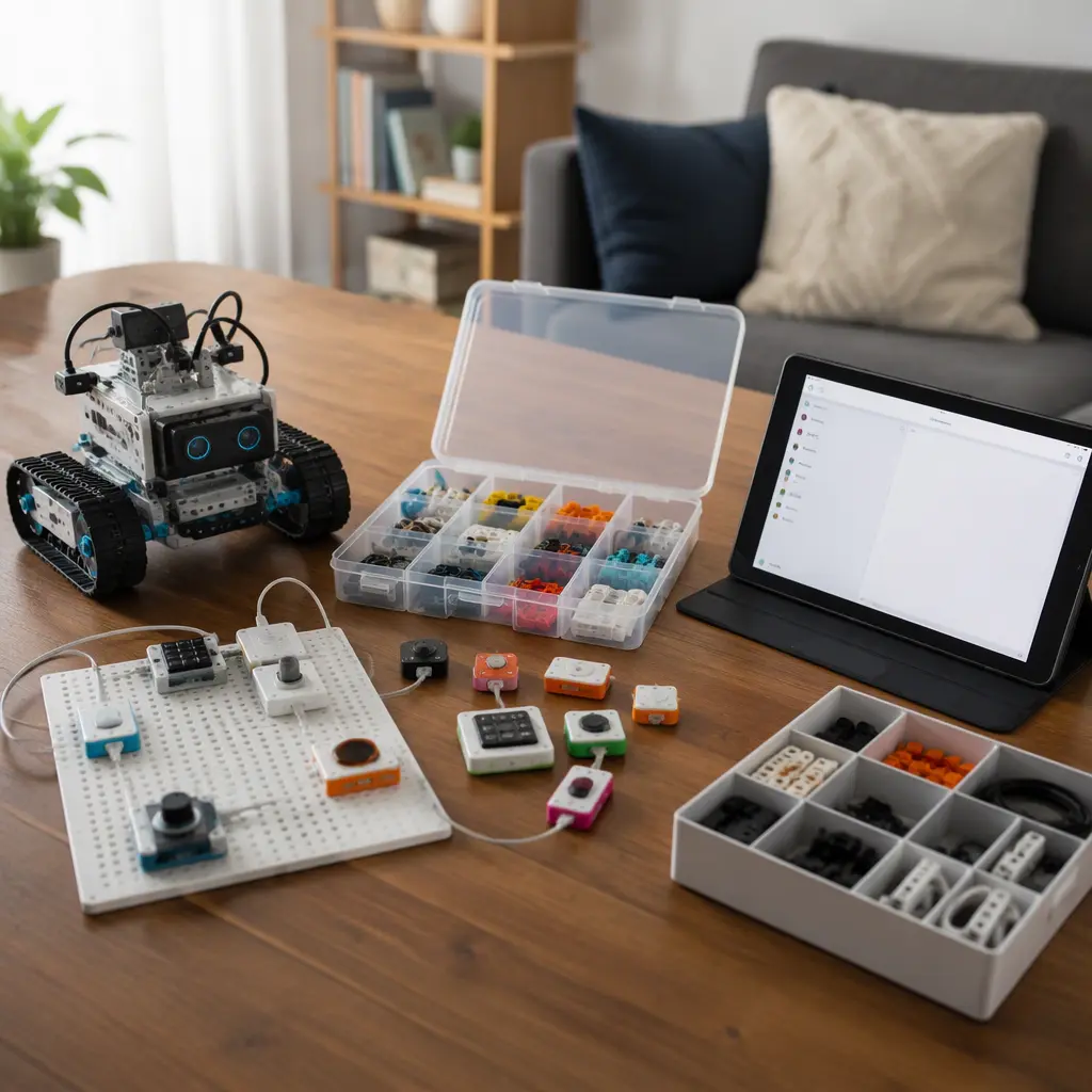 Connected STEM kits including coding robots and electronics sets on a wooden table