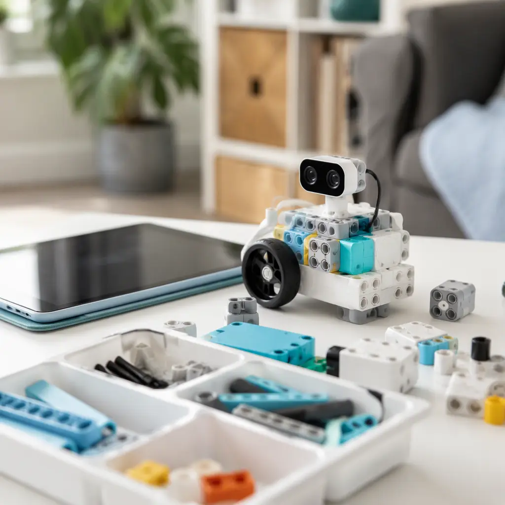 Robotics STEM kit with connected components on a desk