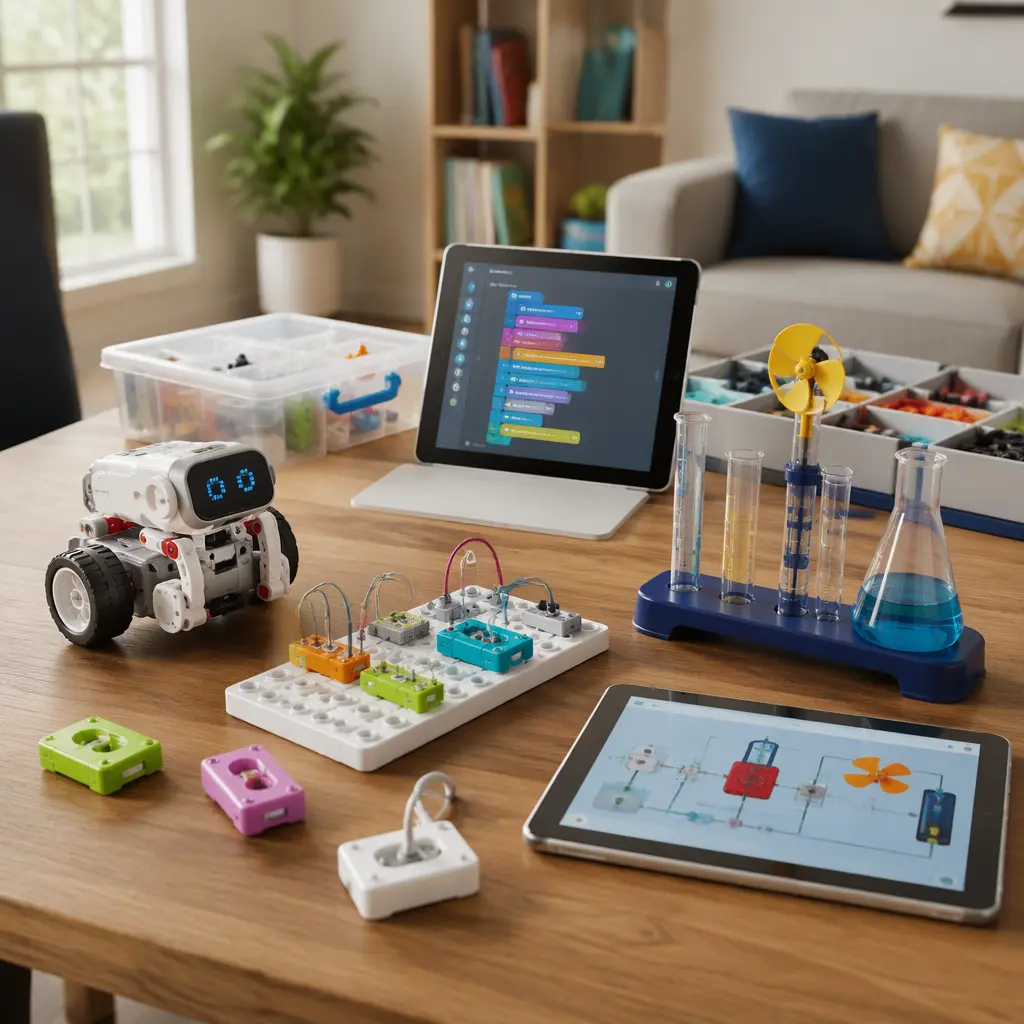 Connected STEM kits and coding toys arranged on a table in a family home setting