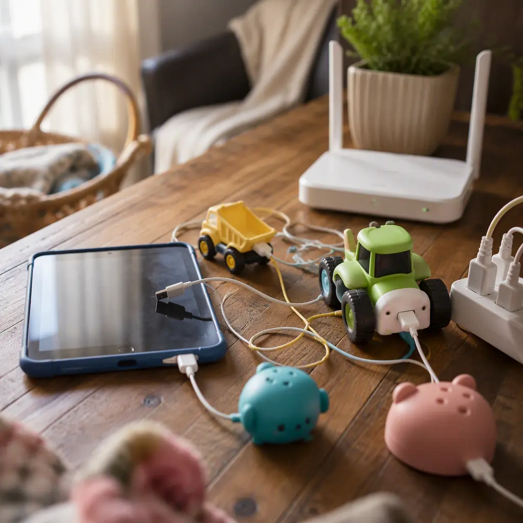 Connected toys charging beside a tablet and home router