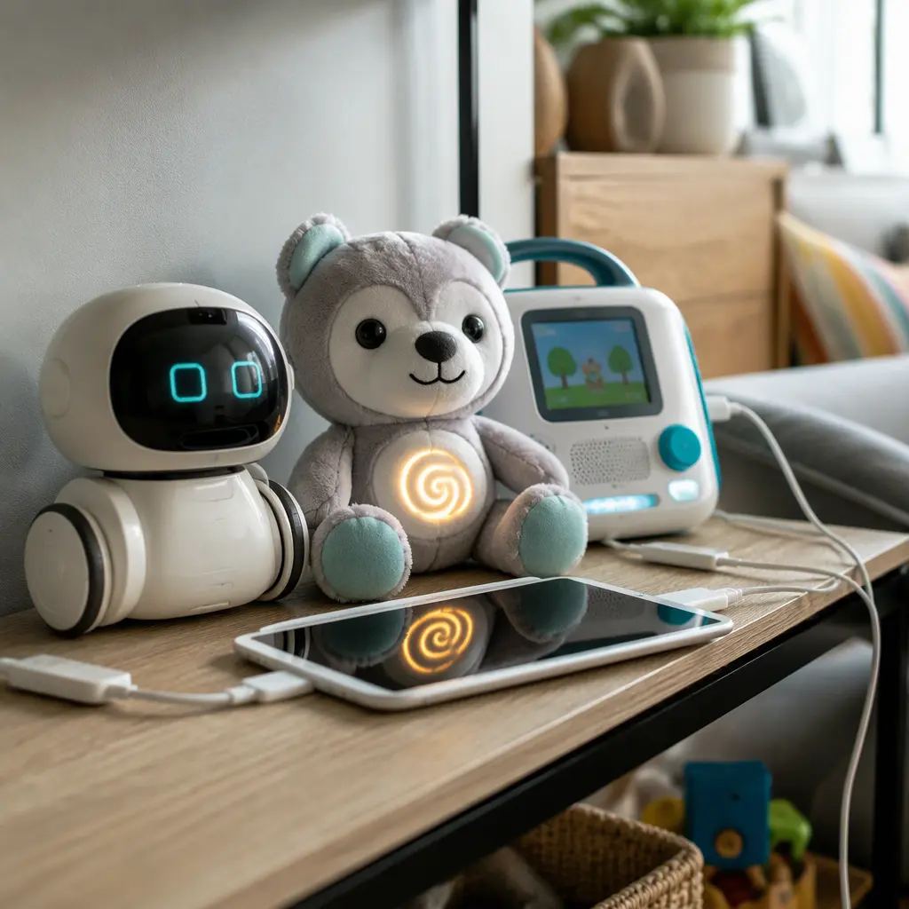 Connected toys and charging accessories displayed on a living room shelf in soft natural light