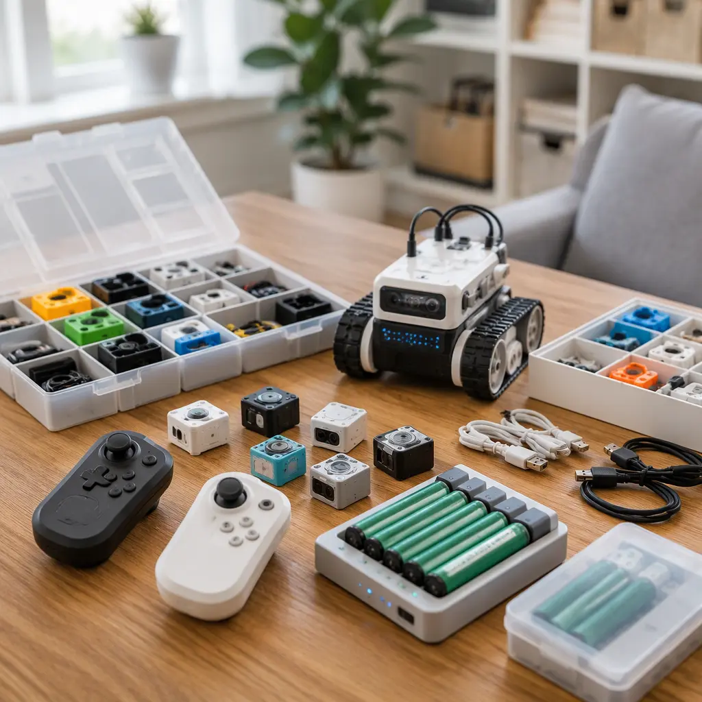 Electronic building kits and coding toys arranged on a tabletop