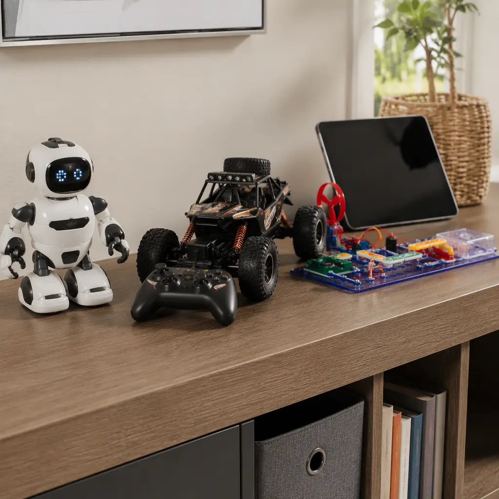Connected toys displayed on a shelf with controllers and electronic building parts