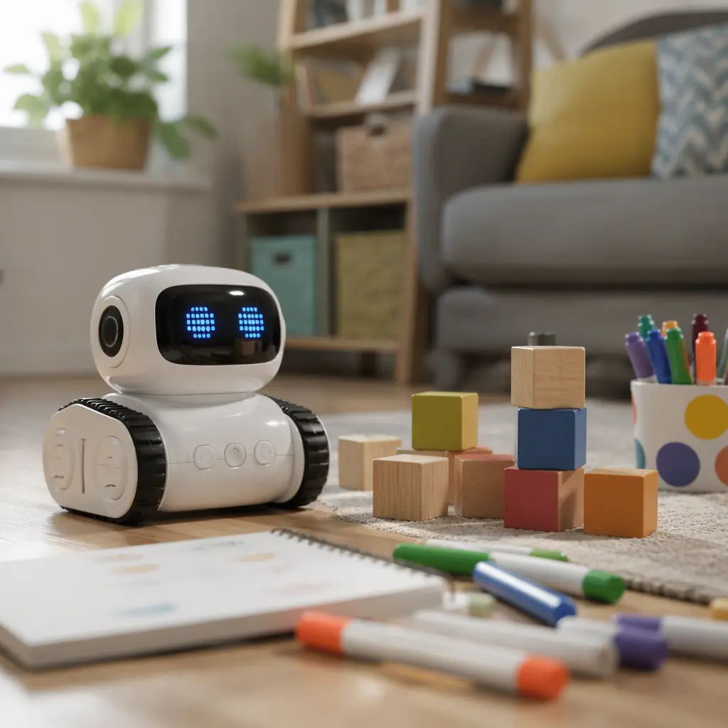 Coding robot toy beside offline play materials in a family room