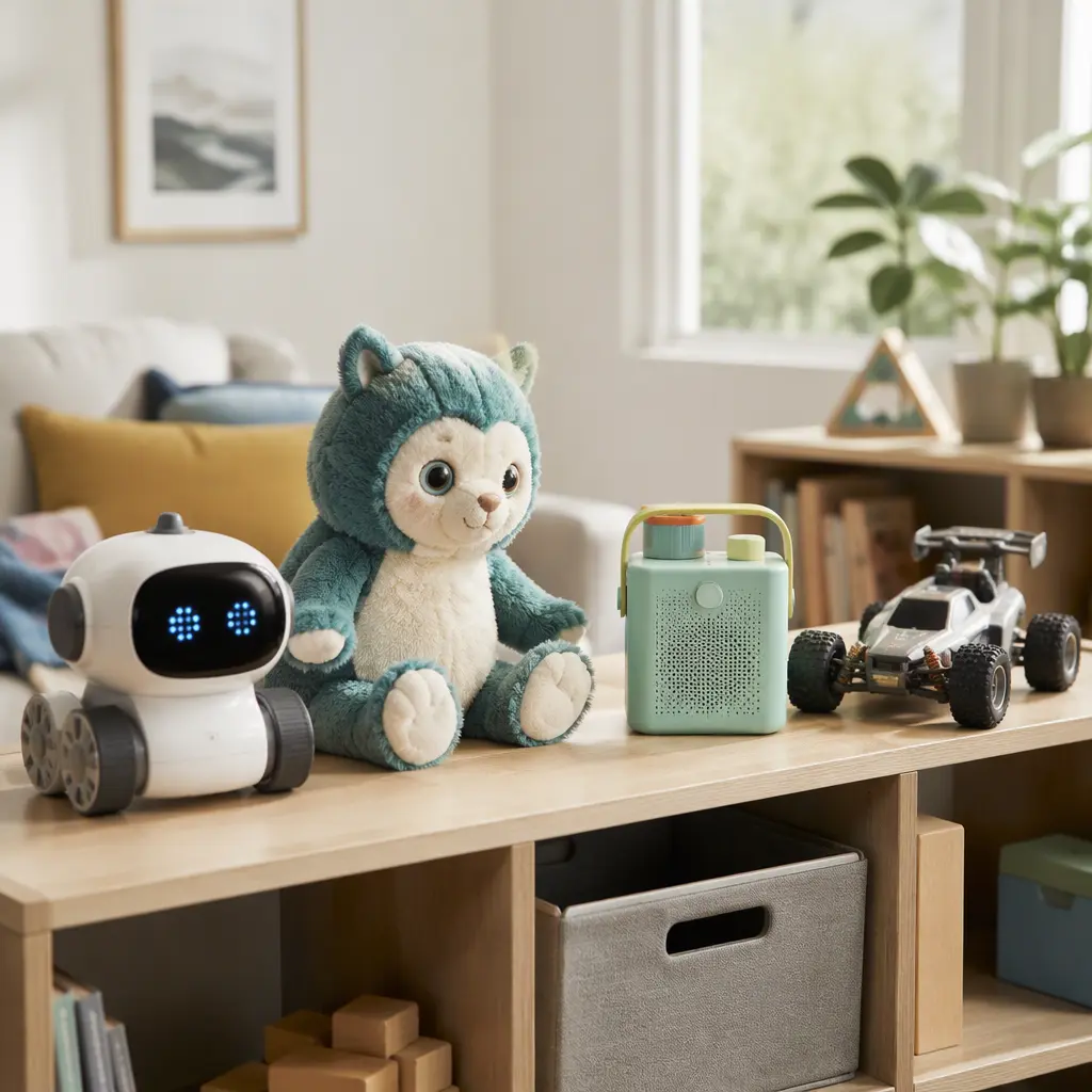 Connected toys for children displayed on a shelf in soft natural light