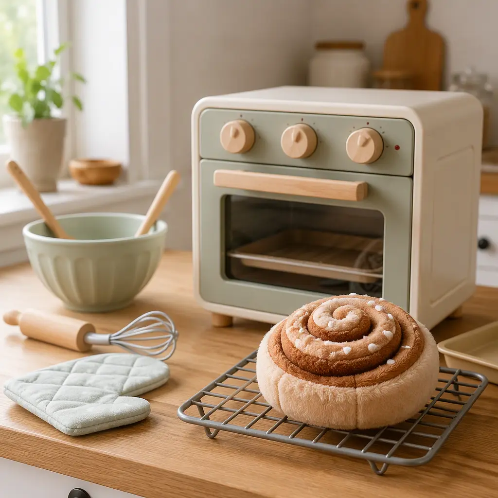 Pretend baking toy oven with a pastry-inspired plush character on a kitchen counter