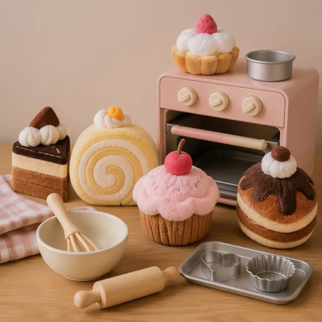 Dessert-themed plush toys arranged beside pretend baking accessories and a toy oven