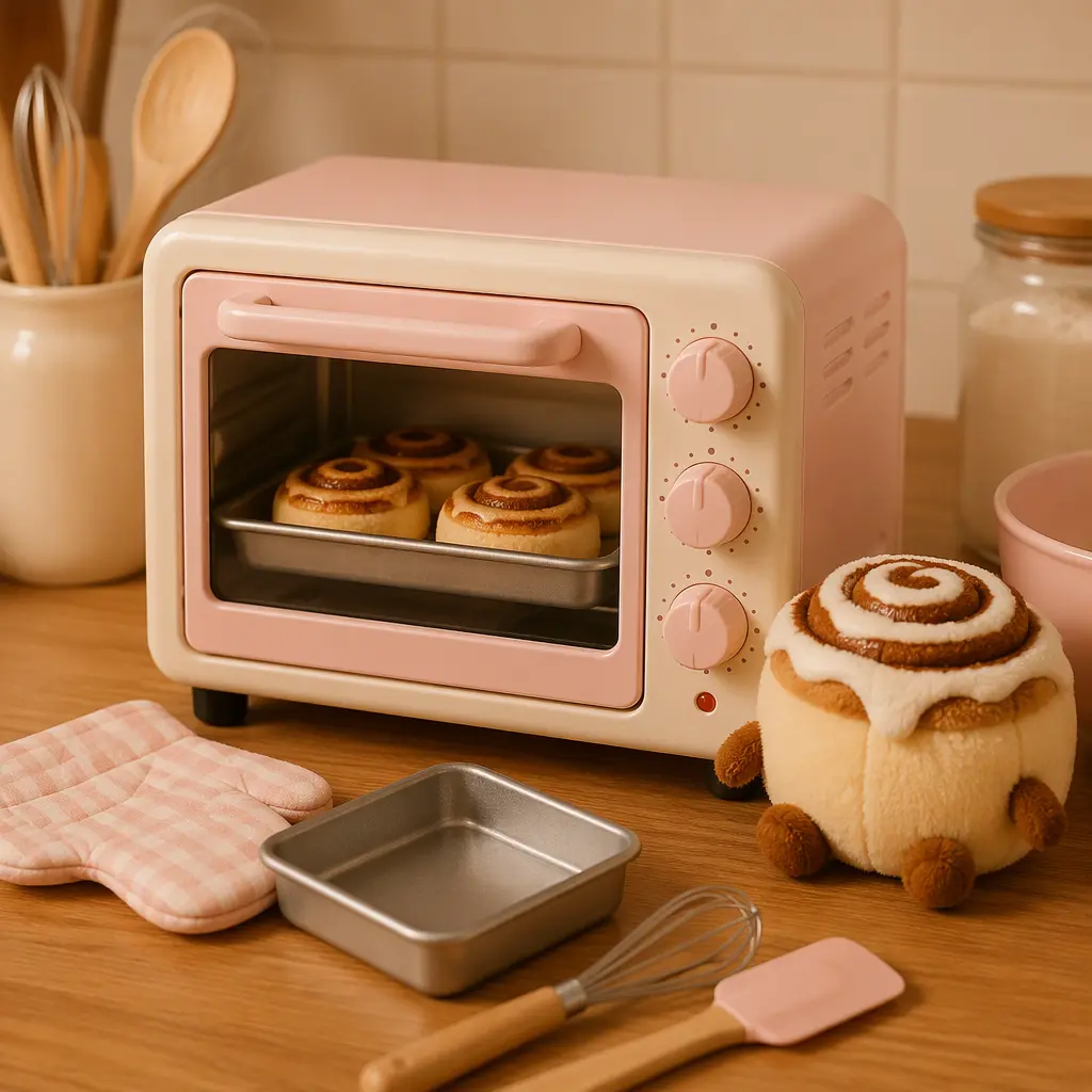 Toy pretend oven with a cinnamon-themed plush character and baking accessories in a cozy studio setting