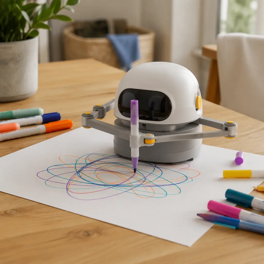 A drawing robot creating decorative line patterns on paper in a bright home setting