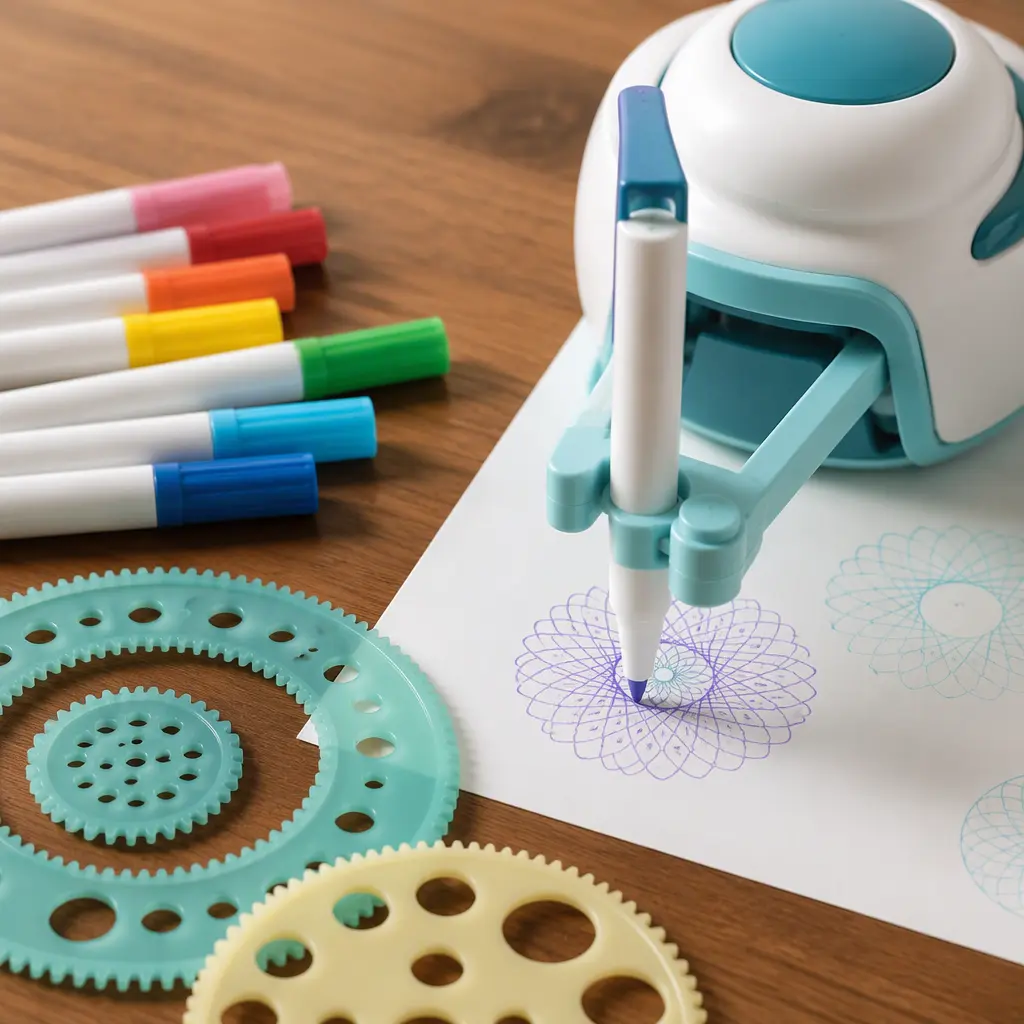 Markers and drawing accessories arranged beside a small robotic drawing toy