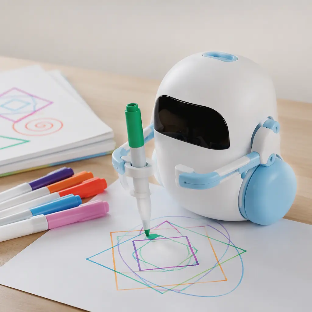 A compact drawing robot toy creating simple line art on paper beside colored markers