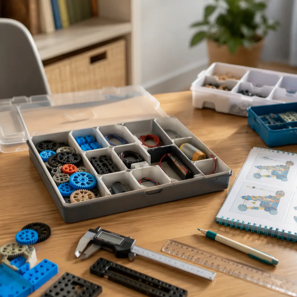 Reusable STEM kit parts and tools organized on a desk