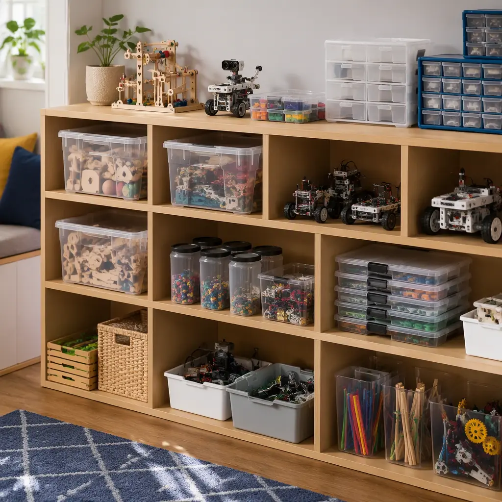 Organized storage shelf for STEM maker kits and robotics parts