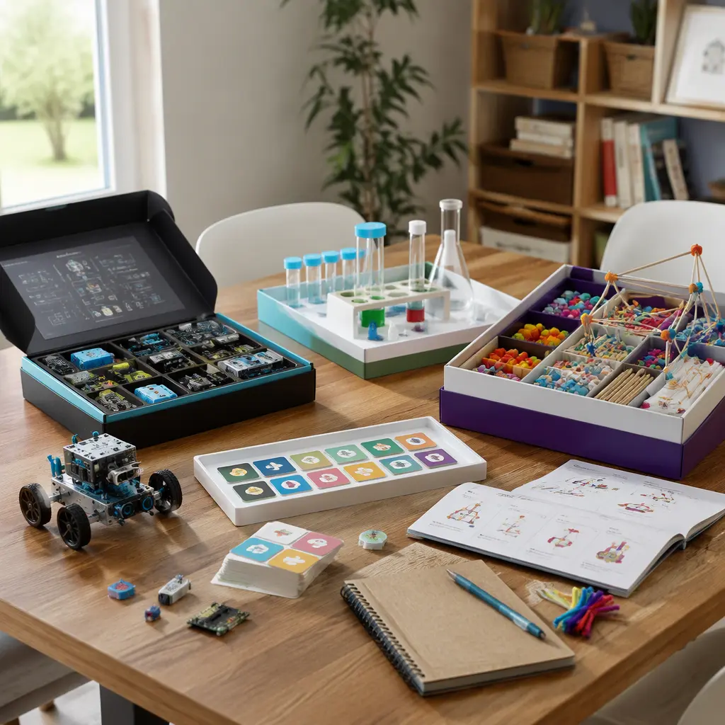 Assorted STEM maker kits arranged on a family table in soft natural light