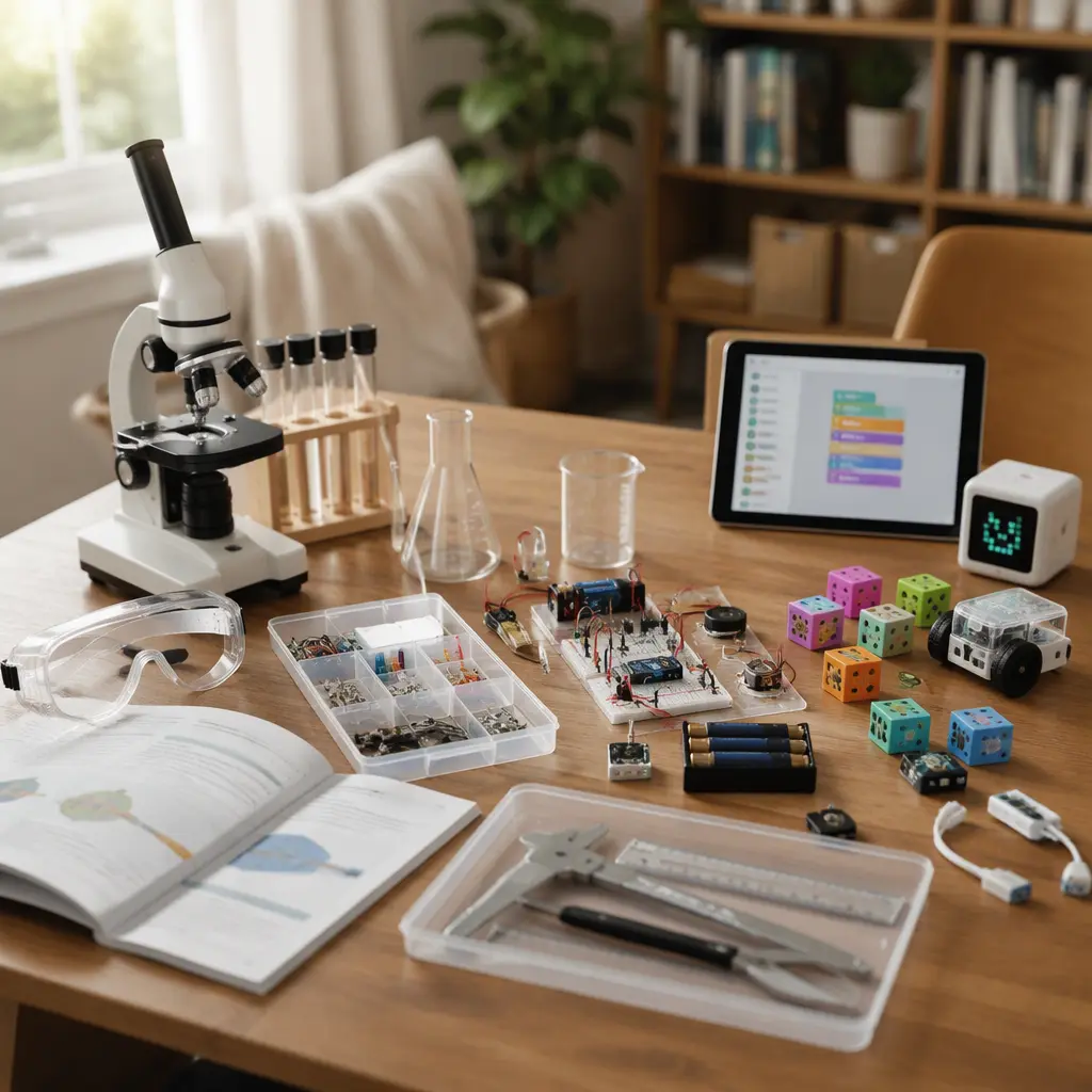 Classic reusable science tools next to modern connected STEM gadgets