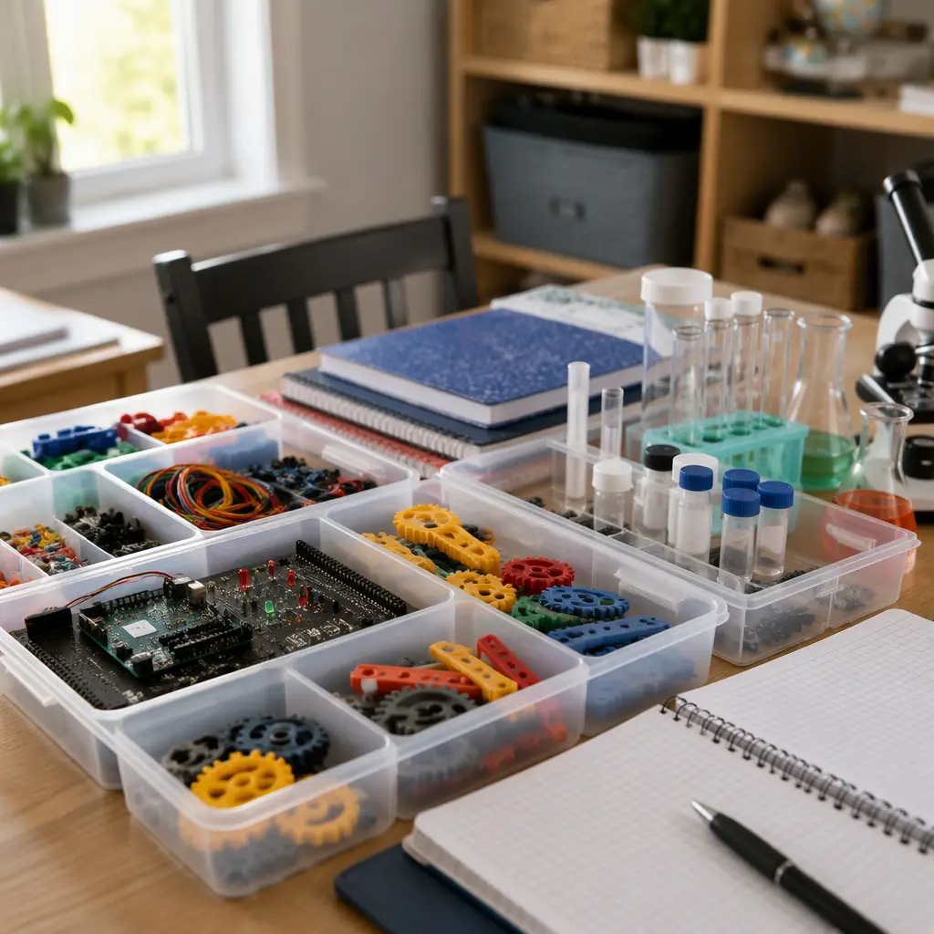 Organized STEM kit components stored neatly in trays and containers