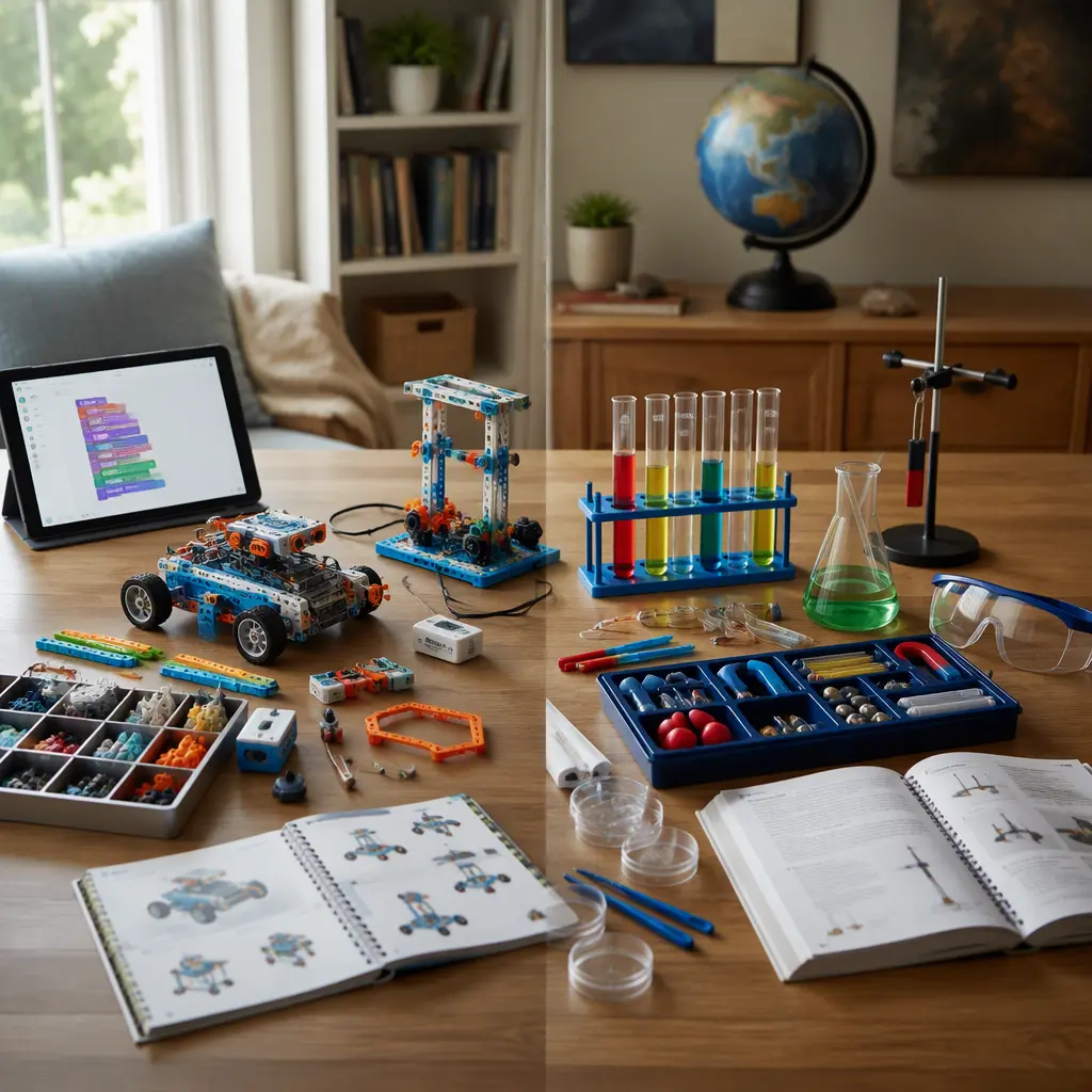 Modern creator-style STEM kit beside a classic science experiment set on a table