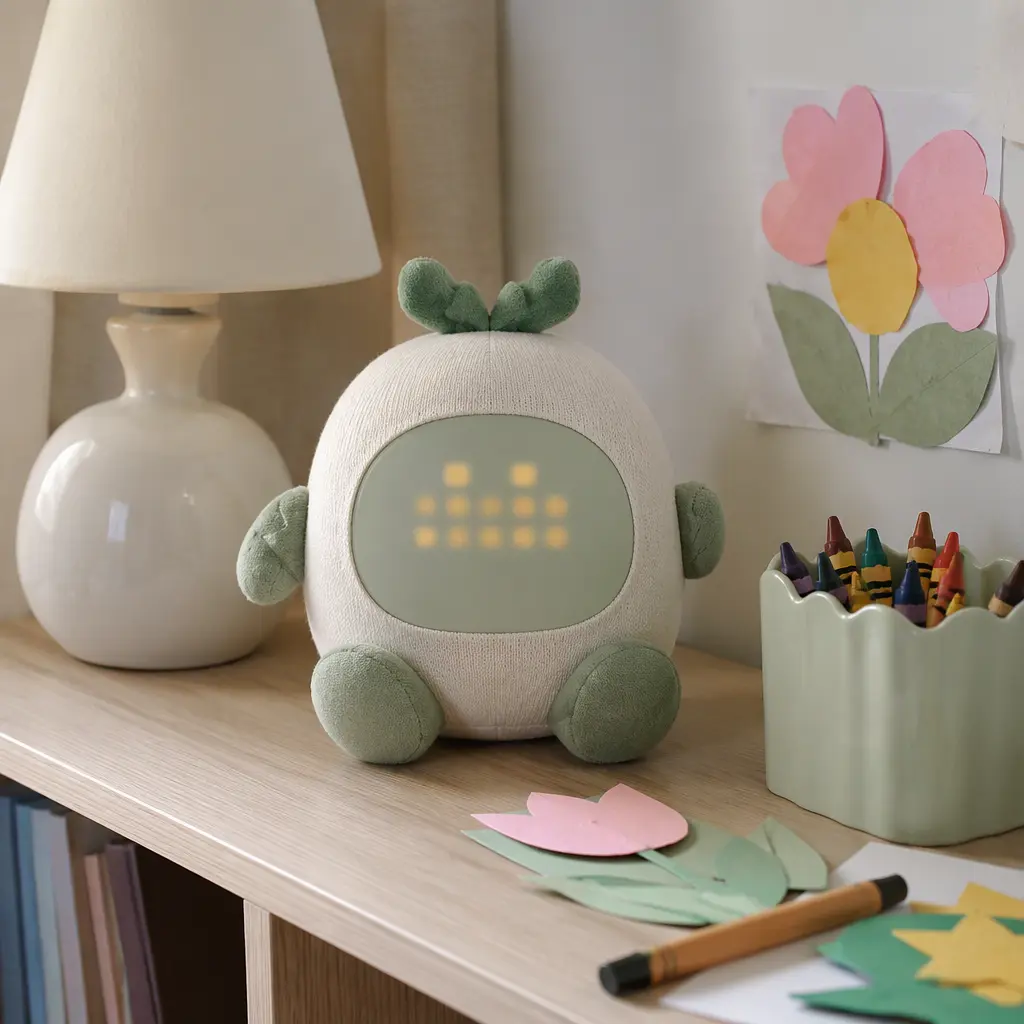 Interactive storytelling companion toy displayed on a child's bedroom shelf