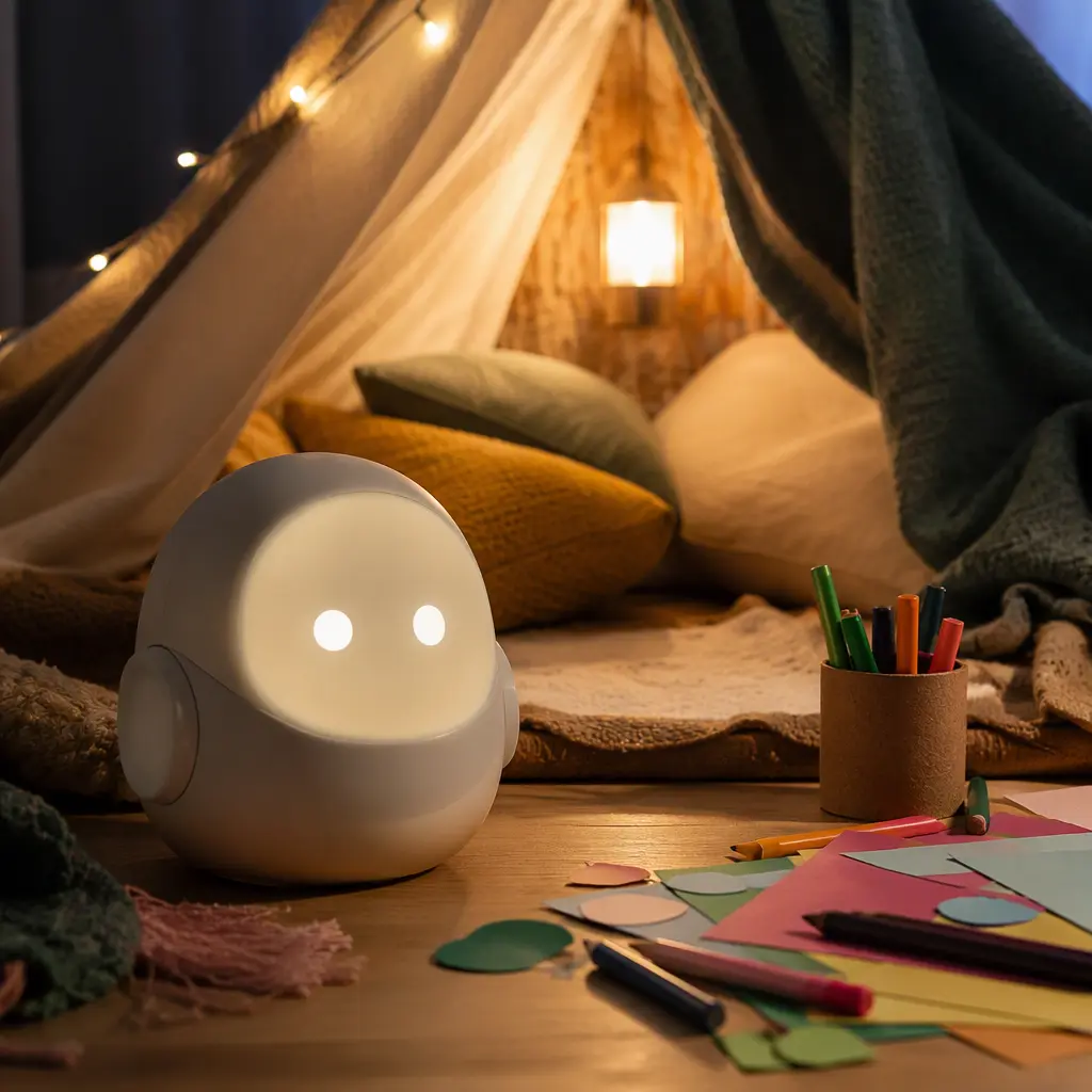 Interactive storytelling toy beside children's craft materials and a blanket fort