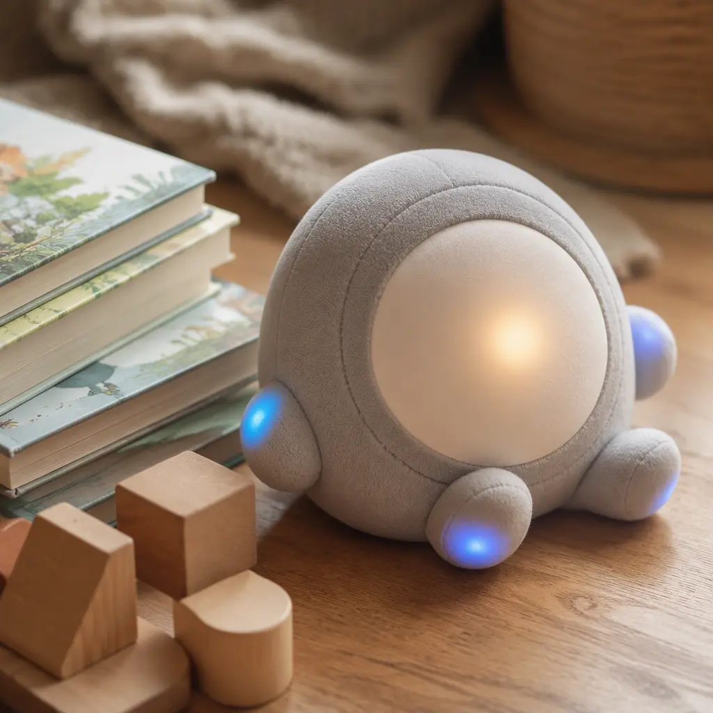 Soft interactive storytelling companion toy beside books and blocks in warm light